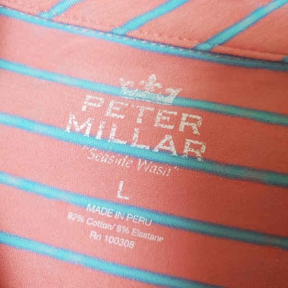 Peter Millar Coral & Blue Stripe Short Sleeve Performance Golf Polo Shirt Size L - Picture 11 of 12